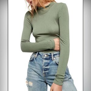Free People Olive Green Lindsey Mock Neck Ribbed Long Sleeve